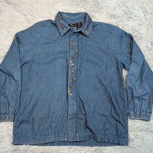 Vintage Ms. Lee Jacket Womens M Blue Floral‎ Embroidery Zip Up Lightweight